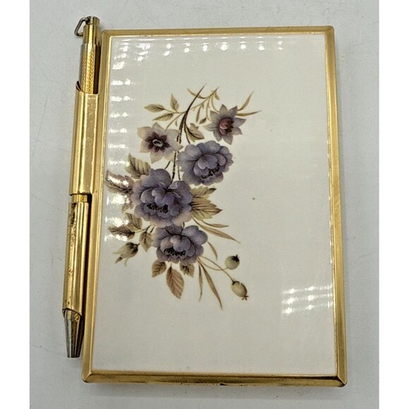 Vintage Stratton England Gold Tone Purple Floral Mini Notepad & Pen Set - Picture 1 of 12